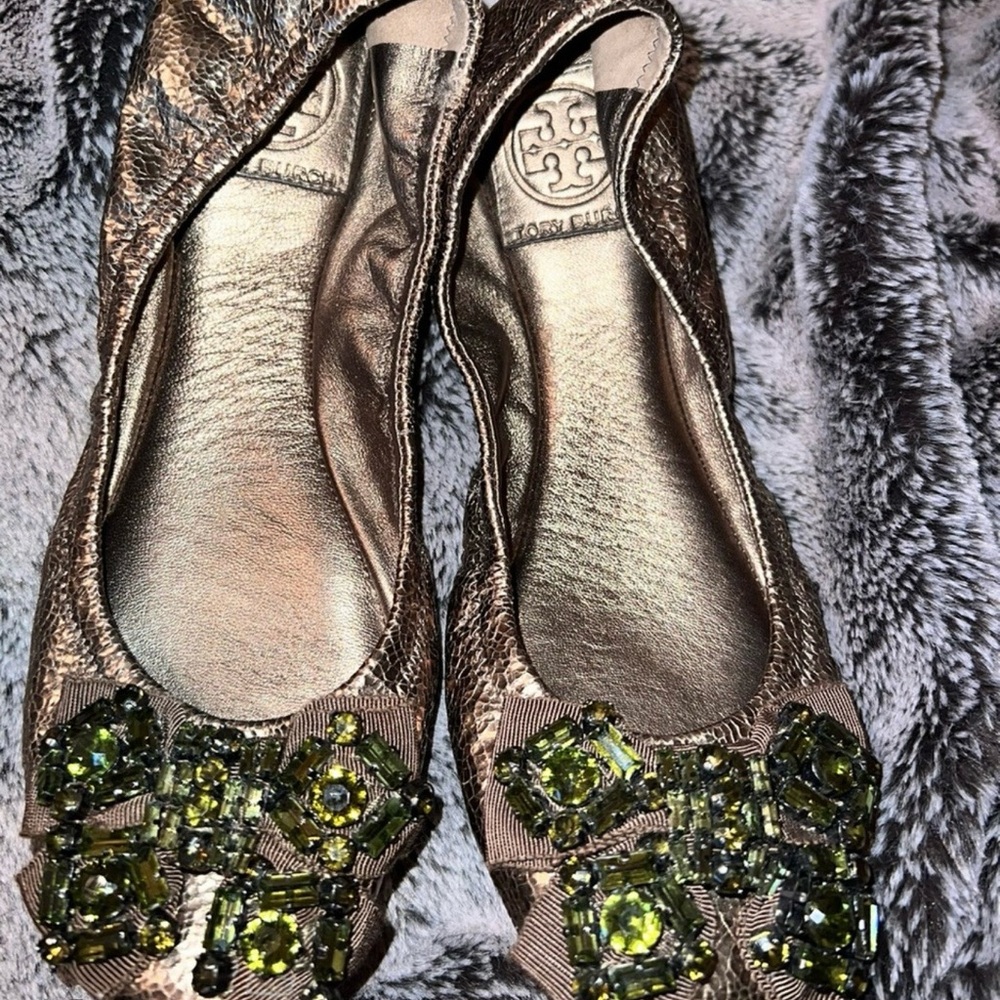 Tory Burch Bronze Flats with Green Embellishments